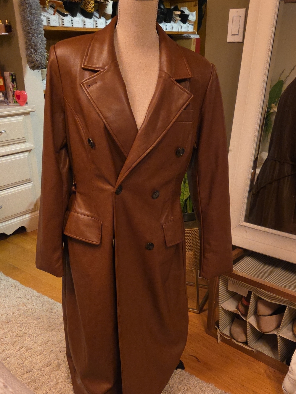 Avec Les Filles Brown Double-Breasted Leather Trench Coat